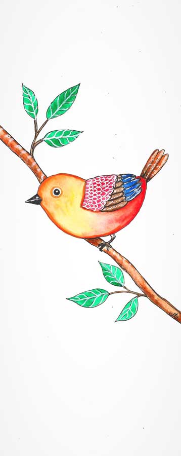 watercolor painting of golden bird sitting on branch