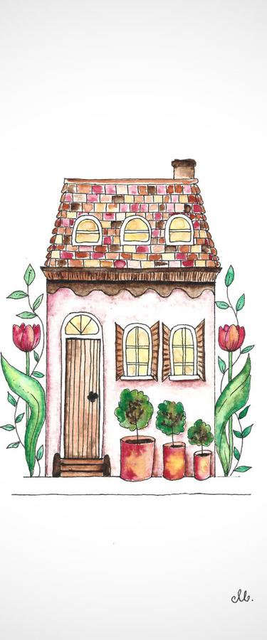 pink watercolor cottage