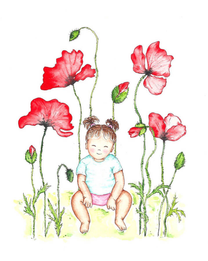 little girl in poppy flowers field